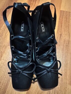 Cider Black Satin Lace-Up Square-Toe Ballet Flats